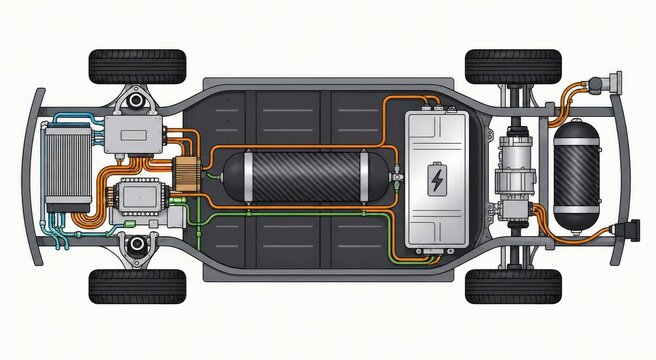 Hydrogen Fuel Cell Vehicle Chassis Layout Technical Illustration
