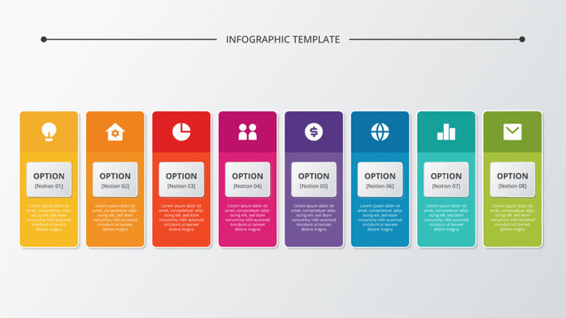Infographic template with 8 colorful vertical rectangular options