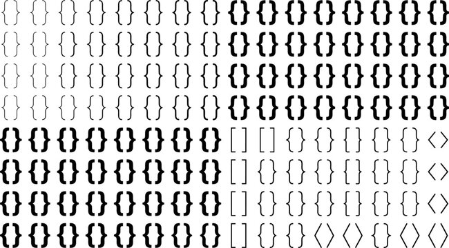 Bracket symbol illustration collection featuring curly braces, square brackets, angle brackets, typography elements, programming syntax graphics, and design concepts
