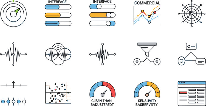 Data analytics and dashboard interface vector icons set with sliders line charts scatter plot performance gauges signal waves and financial visualization elements