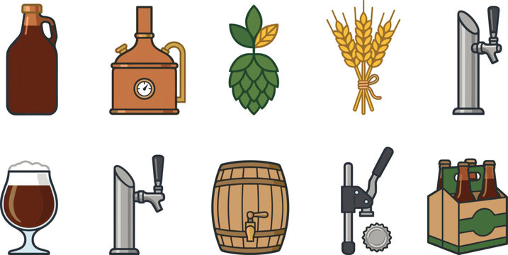 Craft beer brewing vector icons set with glass growler copper kettle hops wheat barrel tap handles bottle capper and six pack box