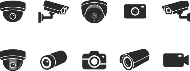 Camera and surveillance icon illustration collection featuring security devices, photography equipment, monitoring graphics, dome cameras, and digital design concepts © SAIFUL