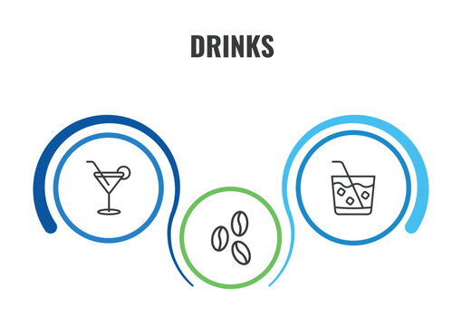 drinks outline icon set. thin line cocktail, caipirinha, coffee bean icons. editable vector