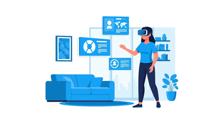 Fototapeta premium Woman wearing VR headset interacting with virtual data screens in a living room, metaverse technology concept, flat vector illustration