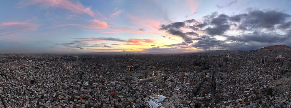 Panoramic Sunset View of Damascus with the Umayyad Mosque, Syria 