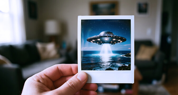 Immagine ravvicinata di mano che regge una fotografia istantanea con un UFO che emerge dal mare, sfondo di interno di abitazione sfuocato