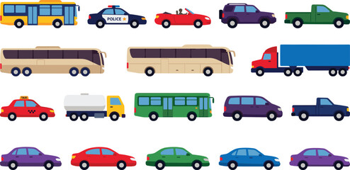 Colorful City Vehicle and Transportation Set with Bus, Police Car, Taxi, Truck, and SUV for Urban and Traffic Design Projects © vector M