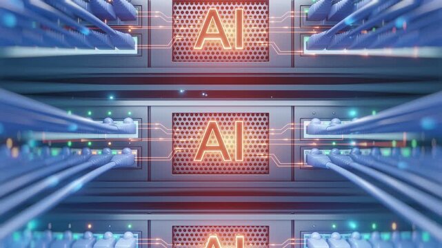 Front view 3D render of AI server rack units with glowing orange AI text on perforated panels and ethernet cables. Futuristic AI data center concept for GPU computing, cloud, and machine learning