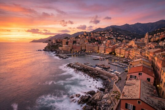 Sunset Over the Scenic Coastal Town of Bogliasco, Italy