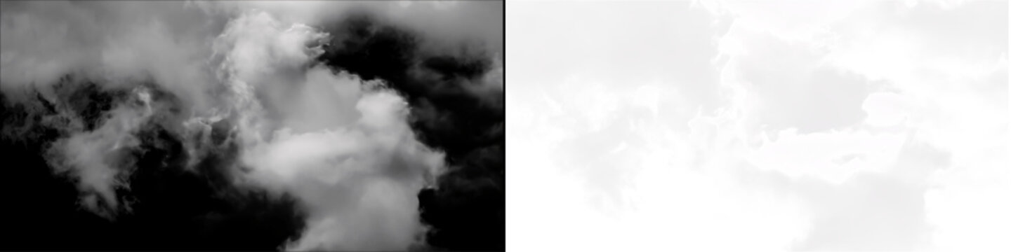 Dramatic white clouds on black background and transparent alpha channel for compositing and visual vfx effects.