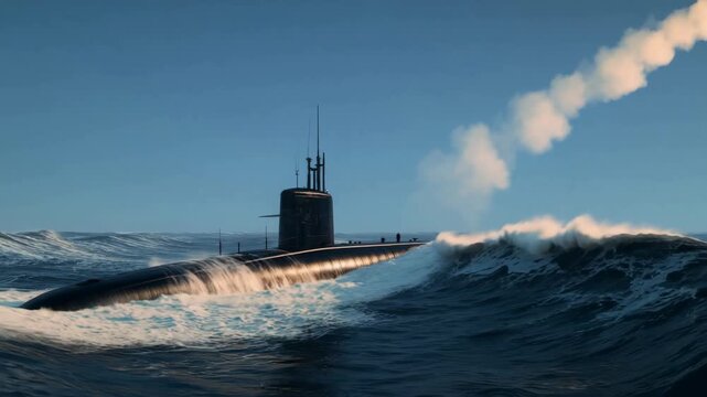 Nuclear submarine launching a ballistic missile from the ocean surface leaving a heavy smoke trail. Cinematic video ideal for military defense and war news reports.