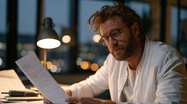 Investigative journalist reviews leaked quantum cybersecurity vulnerability report at cluttered press room desk, printed pages spread under desk lamp in late evening, recorder