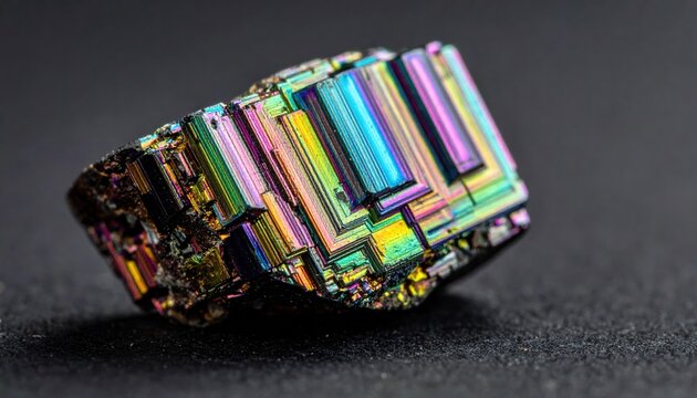 Square hopper bismuth crystal specimen exhibiting vibrant rainbow colors and a highly detailed geometric structure