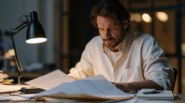 Investigative journalist reviews leaked quantum cybersecurity vulnerability report at cluttered press room desk, printed pages spread under desk lamp in late evening, recorder