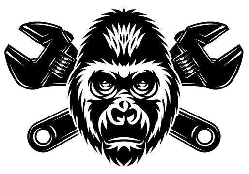 Majestic Gorilla Head with Crossed Wrenches Graphic Design for Mechanics and Automotive Repair Services.