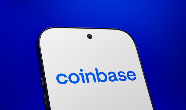 Coinbase Cryptocurrency Exchange App Logo on Smartphone Screen, Crypto Trading