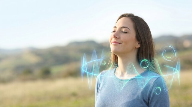 woman breathing outdoor smiles features a calm biofeedback soundwave hologram interface against a bright nature field