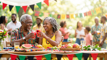 African American senior couple celebrating Juneteenth with drinks