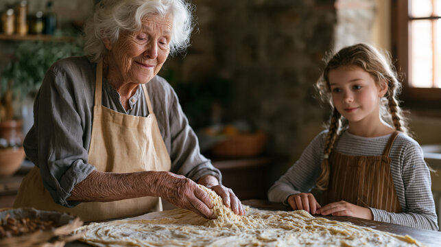 Cricket flour dusted over handmade pasta dough by a weathered grandmother in a sunlit farmhouse kitchen, her granddaughter watching with cautious curiosity as insect protein