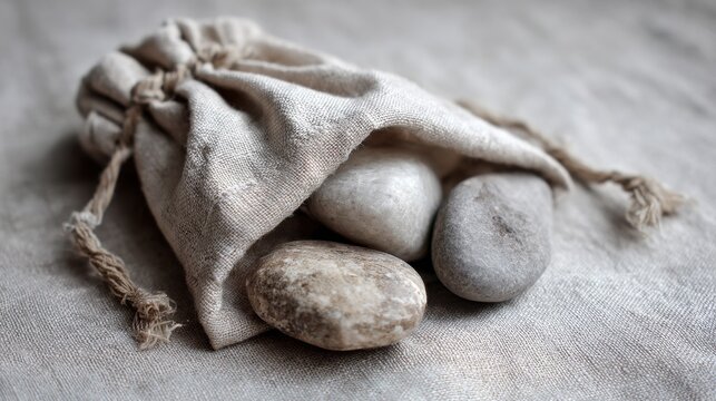 Smooth Stones Resting in a Hand-Stitched Linen Pouch on a Textured Surface