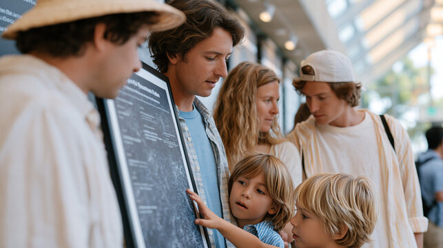 Family of four tours open university quantum lab day event on summer morning, parents studying wall-mounted infographic while two children reach toward interactive qubit