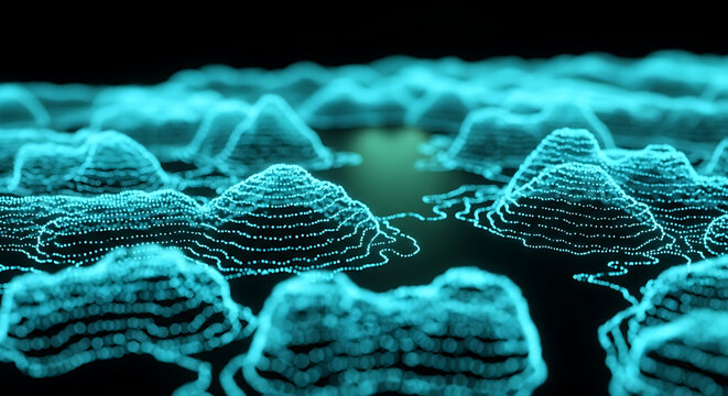 Digital landscape surface representing data terrain or topographical map with glowing blue particles landscape topography particles abstract technology visualization information graphics