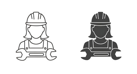 Female construction worker icon with wrench in outline and silhouette styles hard hat blue collar construction engineer industry maintenance technical mechanic professional graphics © MSTSIMAAKTER