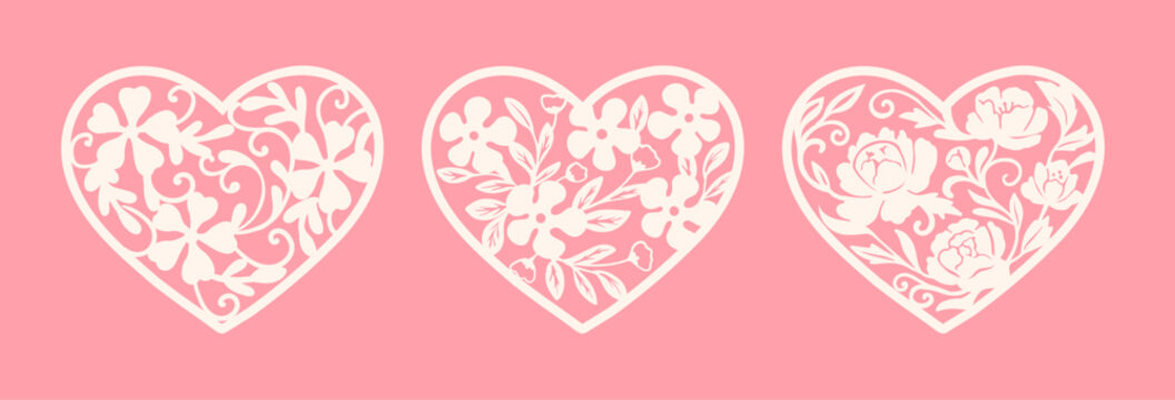 Beautiful floral lace silhouette vector heart. Heart stencil. Wedding and valentine illustration. Cute floral frame pattern