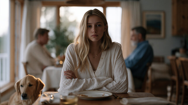 A teenage girl sits rigidly at a dinner table while her parents speak quietly across from her, her arms crossed and plate barely touched, the family dog watching from beneath the