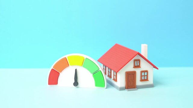 A house and an medium energy efficiency scale showing unsatisfactory values. Heat loss and excessive energy consumption. Home energy audit and renovation planning