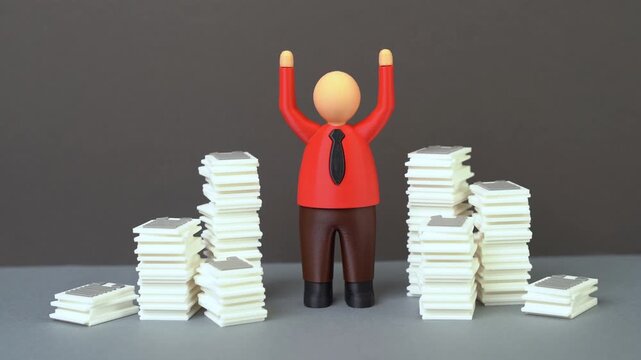 An office worker reacting to a backlog of work. Bureaucratic overload. Overwhelmed at work, stress management and corporate productivity problems.