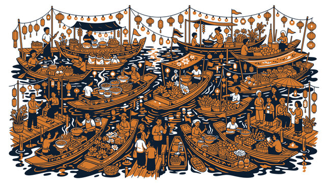 Traditional boats gathered at a serene harbor during a cultural festival showcasing vibrant orange hues and intricate designs on a calm body of water.