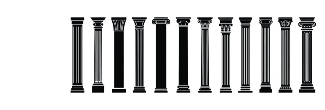 Ancient Greek Columns Silhouette, Roman Architectural Building Elements with Various Classical Column Designs.