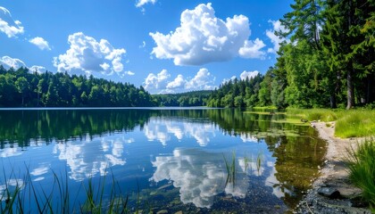 Fototapeta premium Serene lake reflecting blue sky and green forest