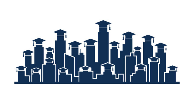 University City Skyline Silhouette with Graduation Caps on Buildings &mdash; Graduation Day Vector Design