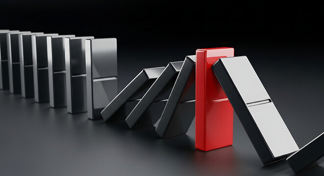 Row of standing dominoes with one red piece falling to cause chain reaction dominoes reaction business strategy competition leadership management collapse decision consequence planning