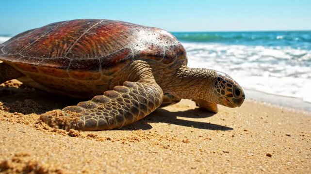 Sea turtle crawling on sandy beach with ocean waves in background