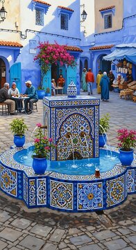 Vibrant blue courtyard with ornate fountain, people mingling, and shops