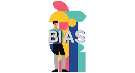 A man stands before a colorful abstract representation of the word bias © JOHIRUL_STUDIO