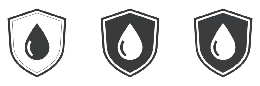 Drop Icons Vector Illustration. Water Drop and Shield Protection Symbol, Water Safety Concept, Insurance Security Icon Design, Modern Minimal Outline Graphics, Isolated Set