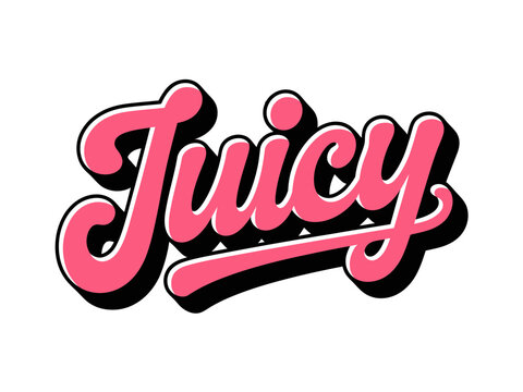 A vibrant pink vector graphic with the word 'Juicy' in a stylized, cursive font with a black shadow effect.