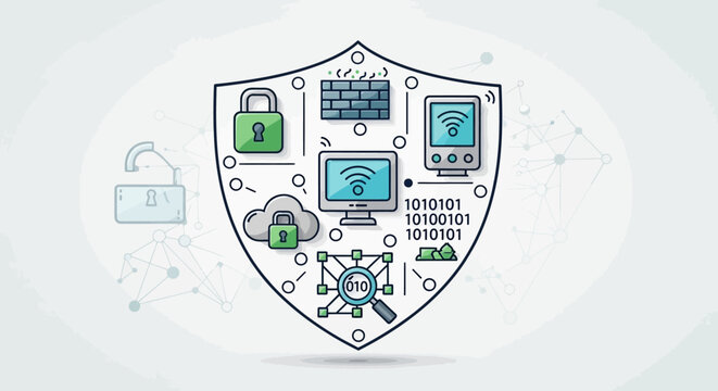 Digital security shield with technology icons and binary code.