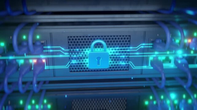 3D render of glowing blue padlock on server rack panel with green LED lights and ethernet cables at angle. Network cybersecurity concept for data protection, firewall, encryption, and cloud security