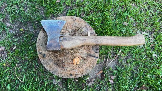 Rusty axe on wooden stump in green grass, firewood chopping tool for camping and outdoor work