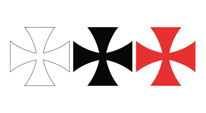 heraldic cross patt&eacute;e icon collection, cross patty and cross  symbols, medieval and gothic style emblems, outline filled and red variants, classic religious and decorative vector design.