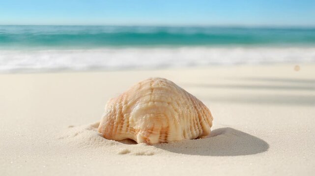 A single, perfectly formed seashell resting on a sandy beach with the ocean in the background