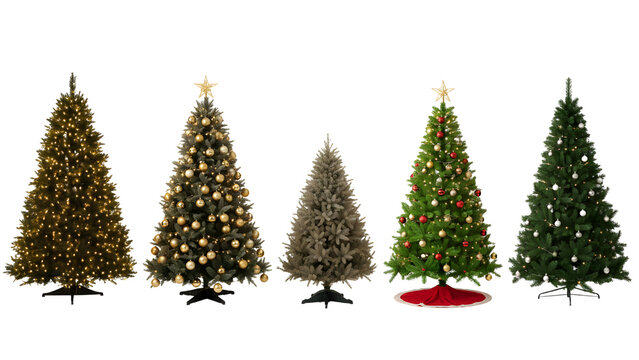 Five artificial christmas trees in varying styles with lights as cut out PNG