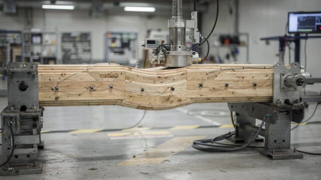 Medium shot of a structural test rig applying bending stress on a prefabricated wood beam to analyze flexural strength and deformation under controlled loading conditions