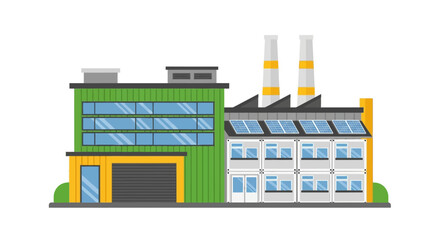 Obraz premium Modern Eco-Friendly Industrial Factory Building Illustration with Solar Panels and Smokestacks. Sustainable Green Manufacturing Plant Vector Design on White Background.