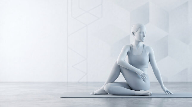 Seated spinal twist yoga pose 3D model, Ardha Matsyendrasana illustration, minimalist wellness studio, fitness training, International Yoga Day concept, flexibility exercise.